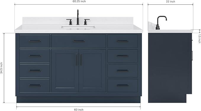 ARIEL 60" Midnight Blue Bathroom Vanity, 1.5" Edge Carrara White Quartz - Image 2