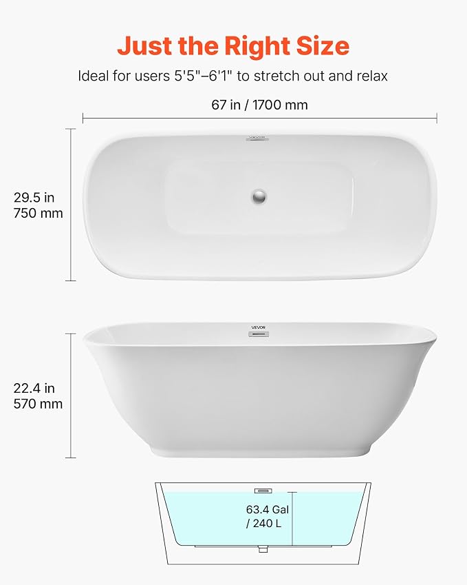 VEVOR Acrylic Freestanding Bathtub, 67 Inch Contemporary Soaking White Tub - Image 2