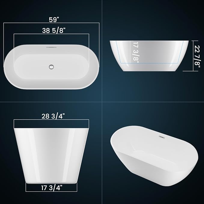 Freestanding Bathtubs 59 inch Acrylic Free Standing Soaking Tub, Luxury Soaking - Image 2
