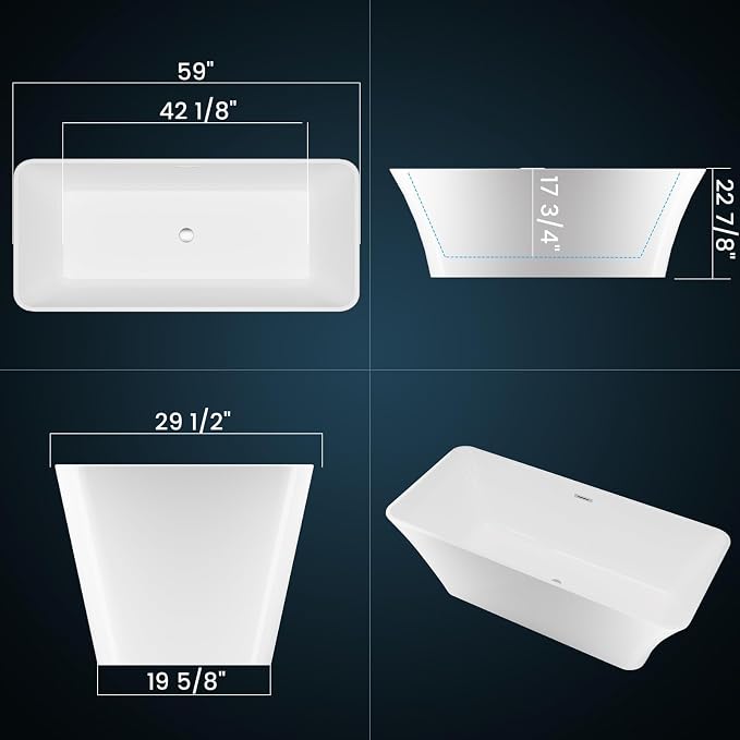 59 in Acrylic Freestanding Bathtub, Deep Soaking Tub - Image 3