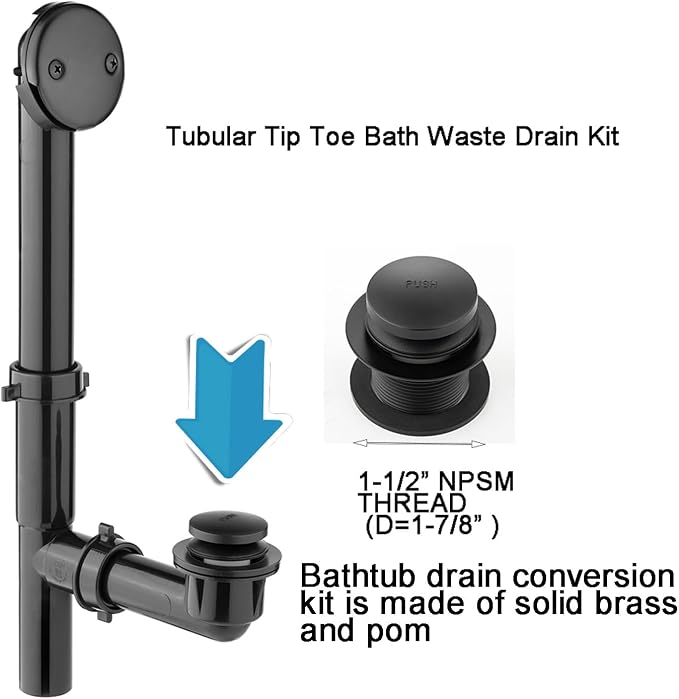Yariwiz 1-1/2" Matte Black Bathtub Tub Drain Kit Bath Waste Overflow Drain Tube - Image 2