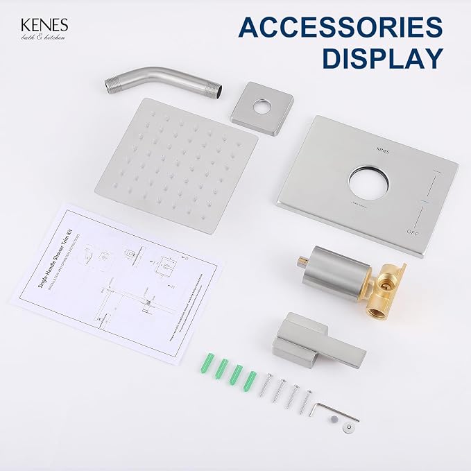 KENES Brushed Nickel 6-Inch Shower Head and Handle Set, Square Shower Faucet - Image 8
