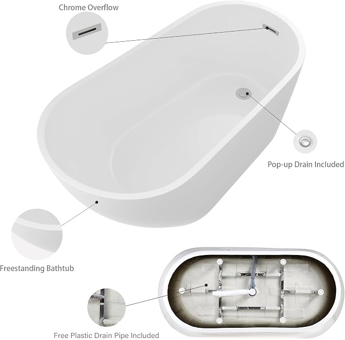 Logmey 59 Inch White Acrylic Freestanding Bathtub - Image 3