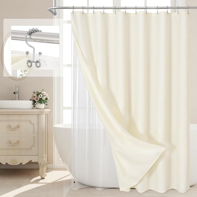 MitoVilla 3 in 1 Shower Curtain Set, Cream Boho Farmhouse Linen Textured Bath by MitoVilla