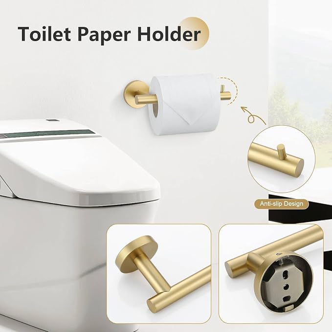 TNOMS 5-Piece Towel Bar Set Brushed Gold Bathroom Hardware Accessories Set - Image 4