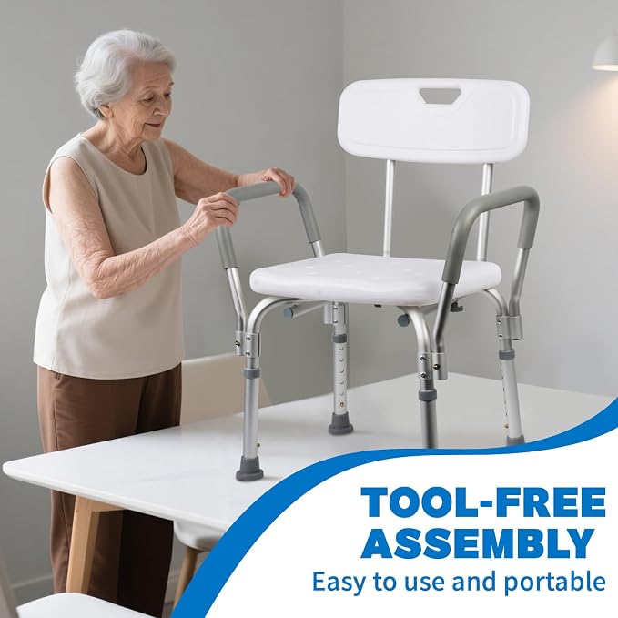 Shower Chair with Back and Padded Arms, Adjustable Height Shower and Bath Bench - Image 5