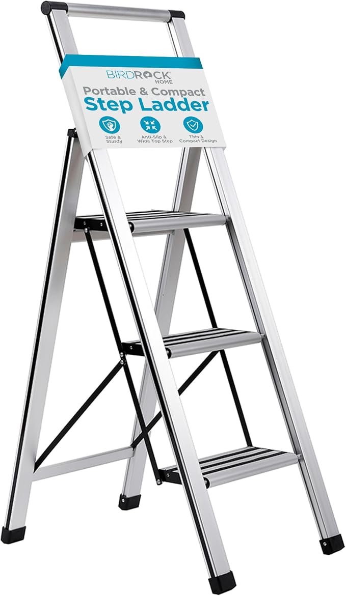 BIRDROCK HOME 3 Step Ladder | Folding Anti-Slip Step Stool, 250 lb Capacity | by BIRDROCKHOME