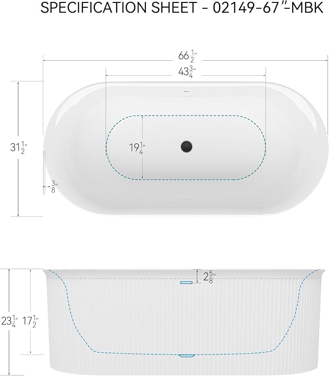 FerdY Nami 67" Acrylic Freestanding Bathtub, V Shape Freestanding Soaking - Image 7