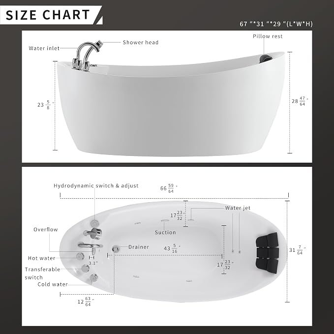 67 in. Acrylic Freestanding Bath Tub Hydromassage Gracefully Oval Shaped 7 - Image 9
