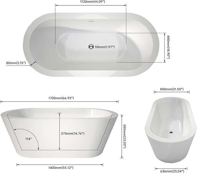 67" Acrylic Freestanding Bathtubs, Stand Alone Tub, Soaking Tubs - Image 3
