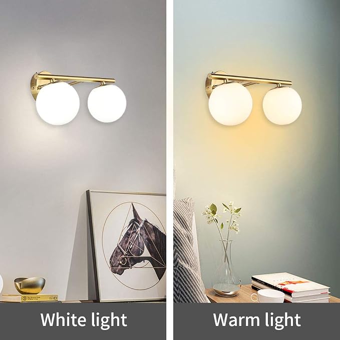New Bathroom Vanity Light Fixtures 2 Lights Brushed Brass Milk White Globe - Image 3