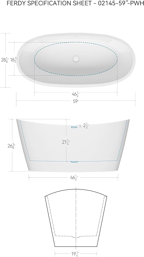 FerdY Naha Elite 59" Acrylic Freestanding Bathtub, Curve Edge Freestanding - Image 6