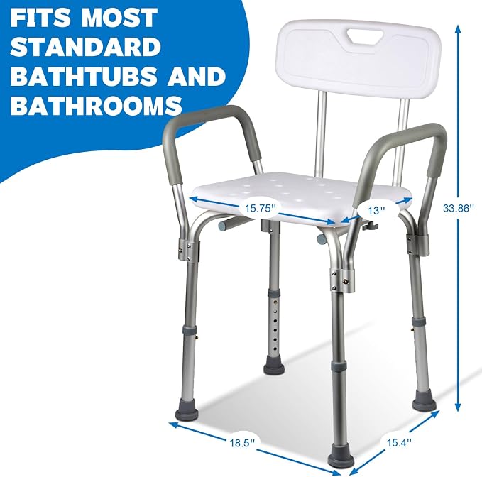 Shower Chair with Back and Padded Arms, Adjustable Height Shower and Bath Bench - Image 3