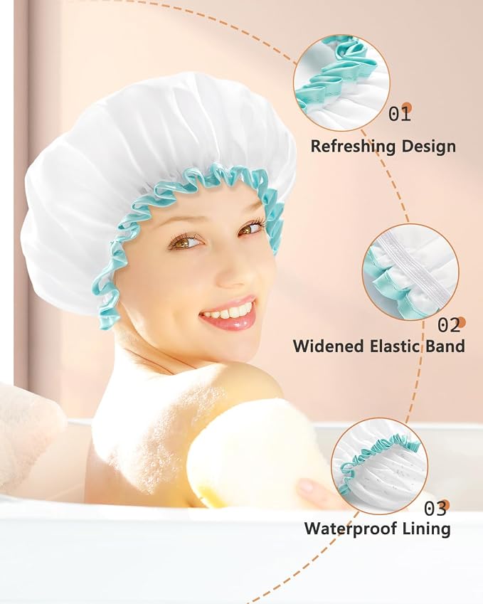 mikimini White Shower Cap for Women and Girls 2 Pack, Double Waterproof - Image 4