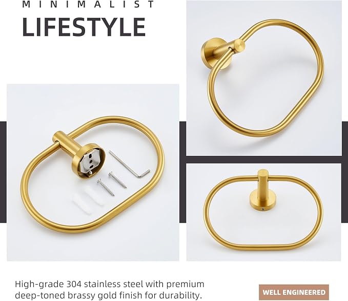 Angle Simple Towel Ring Brassy Gold, SUS 304 Stainless Steel Swivel Hand Towel - Image 9