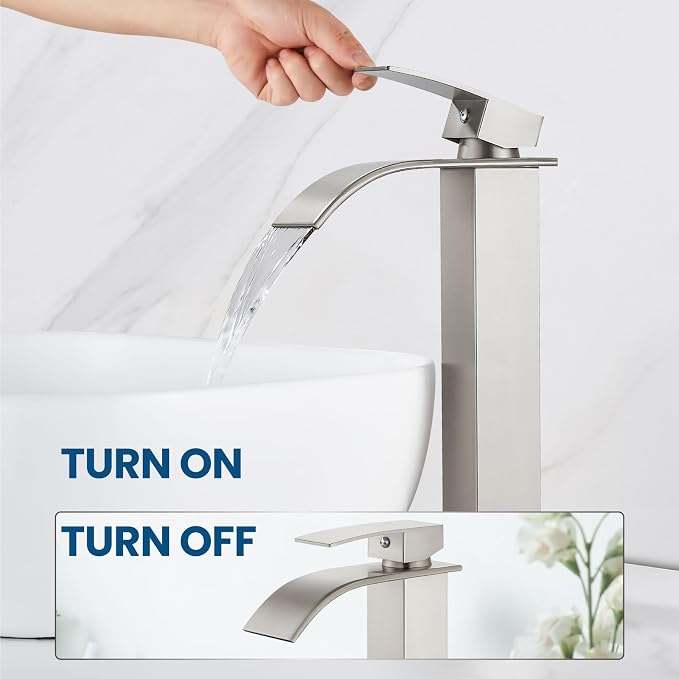 Airuida Vessel Sink Faucet Brushed Nickel, Tall Waterfall Bathroom Single - Image 8