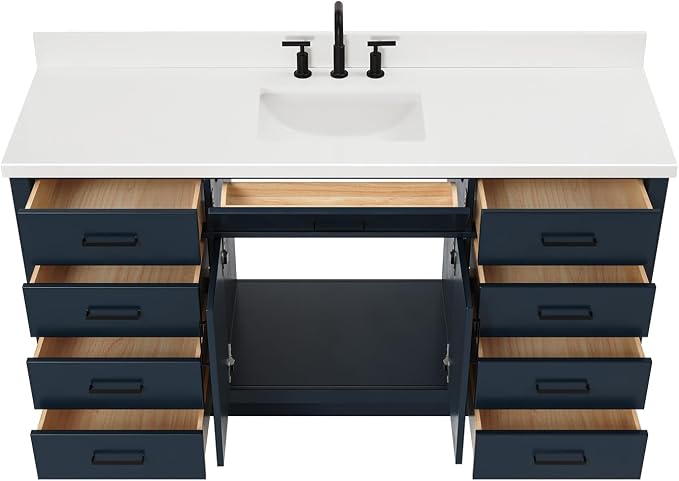 ARIEL 67" Midnight Blue Vanity, 1.5" Edge Pure White Quartz Countertop & Splash - Image 8