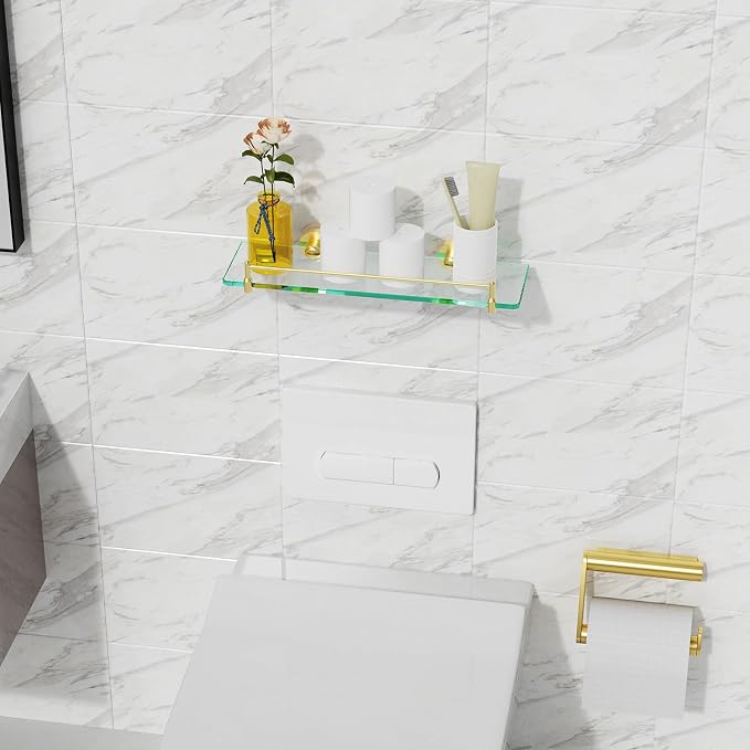 Glass Bathroom Shelves, Brushed Gold Floating Shelves - Image 2