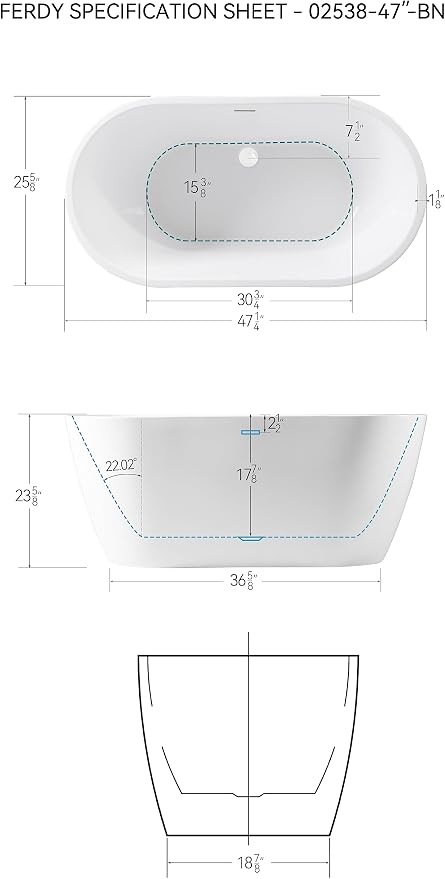 FerdY 47" Bali Acrylic Freestanding Bathtub, Gracefully Shaped Freestanding - Image 4