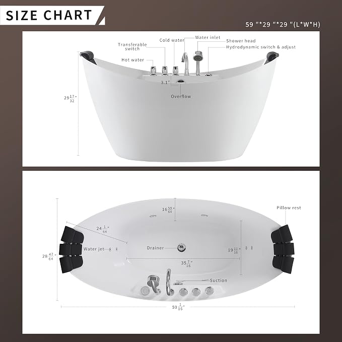 Empava 59" x 28" Freestanding Whirlpool Tub - Image 4