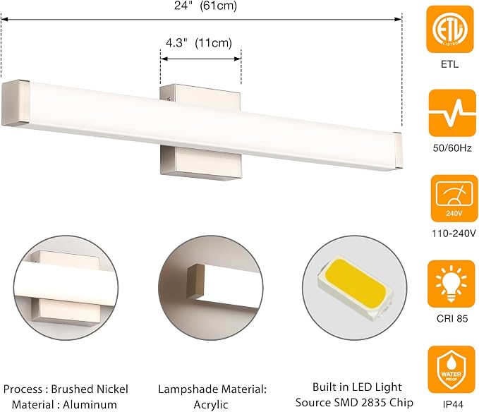 Bathroom Vanity Light Brushed Nickel Square LED 24 inch 14W 4000K Natural White - Image 5