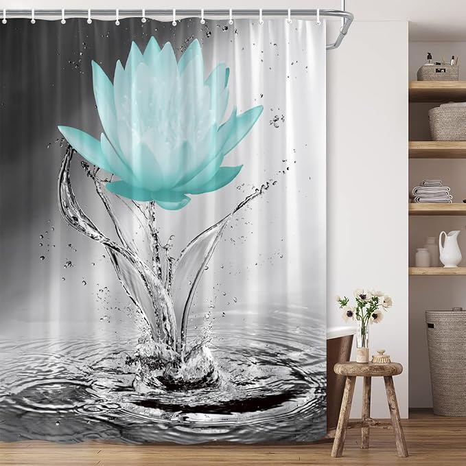Lotus Shower Curtain Black White Grey Teal Flower Elegant Blooming Floral - Image 4