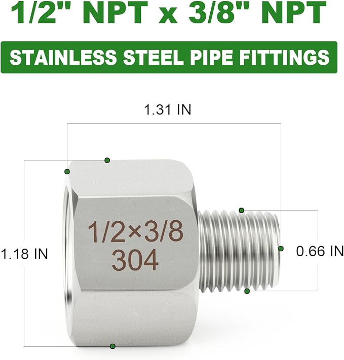 TAISHER 10PCS 304 Stainless Steel Pipe Fitting, New Reducer Adapter, 3/8" NPT - Image 2