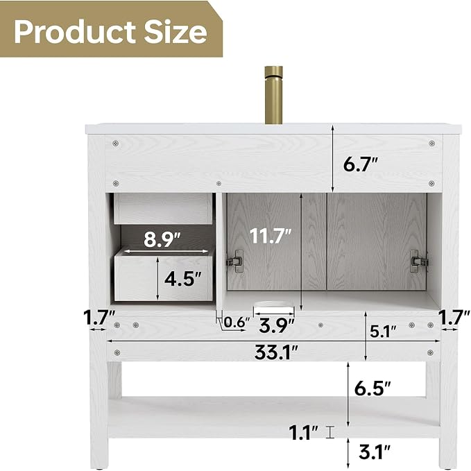 36" Bathroom Vanity with Sink, Bathroom Sink Cabinet with 2 Drawers & Open Shelf - Image 9