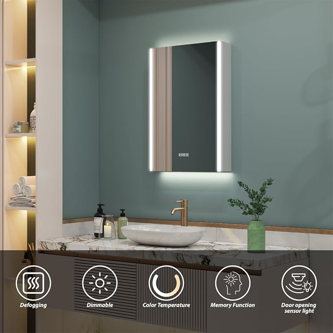 WELLFOR 20" x 30" LED Mirrored Bathroom Cabinet, Mirror Medicine Cabinet - Image 3