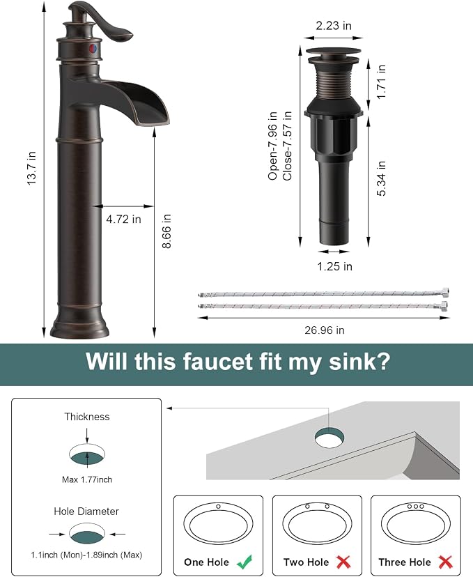 BWE Waterfall Spout Oil Rubbed Bronze Bathroom Faucet Single Handle One Hole - Image 9