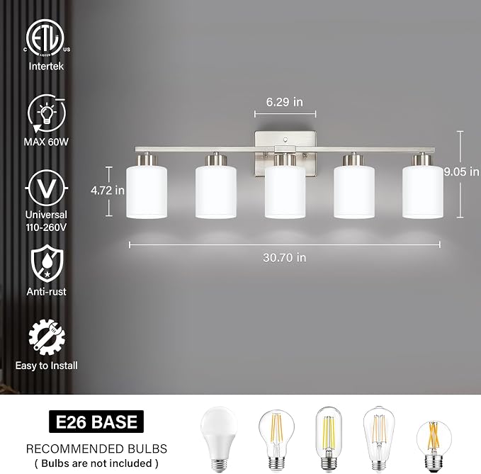 Brushed Nickel Bathroom Light Fixtures, 5-Light Modern Vanity Light Over Mirror - Image 2