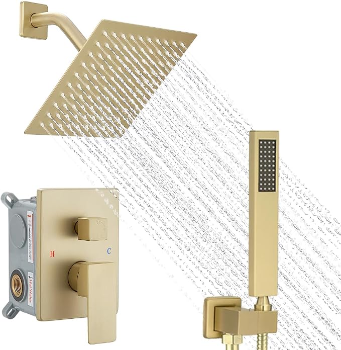Brushed Gold Shower System, 8 Inch High Pressure Rain Shower by YCAIKOI