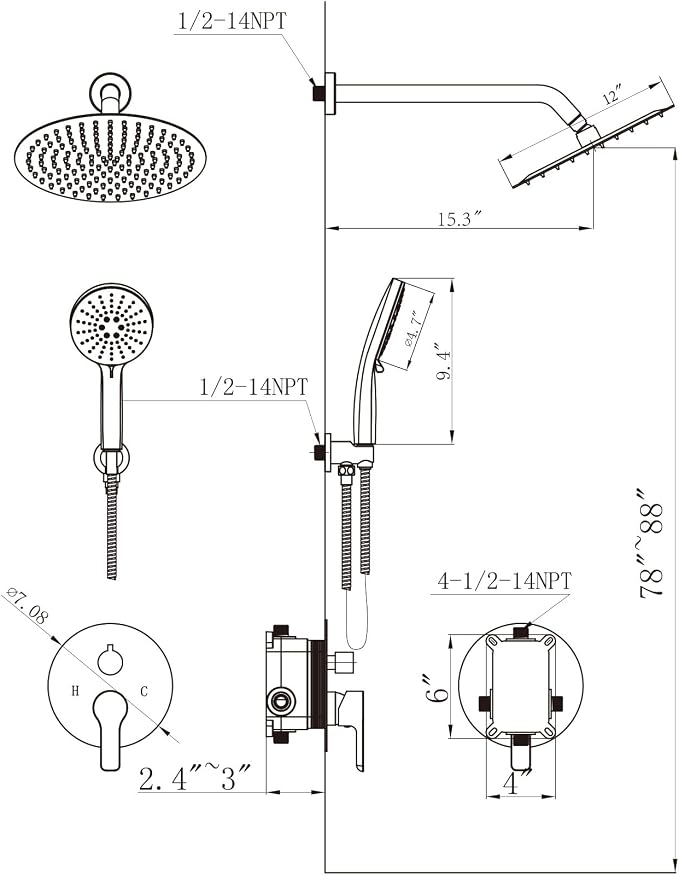 Shower Faucet Set 12IN Brass Rough-In Valve Body Trim Kit Rainfall Included - Image 8