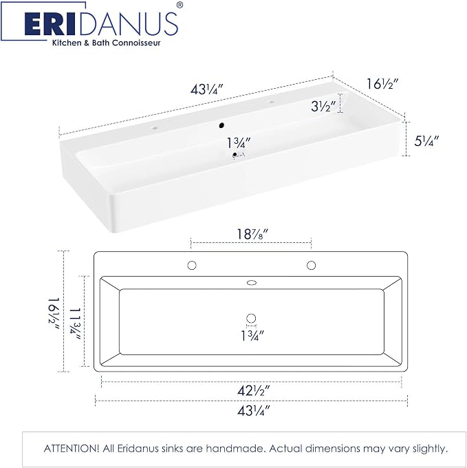 Eridanus Bathroom Sink Rectangle 43" x 16", Two Hole Vitreous Ceramic Vessel - Image 2