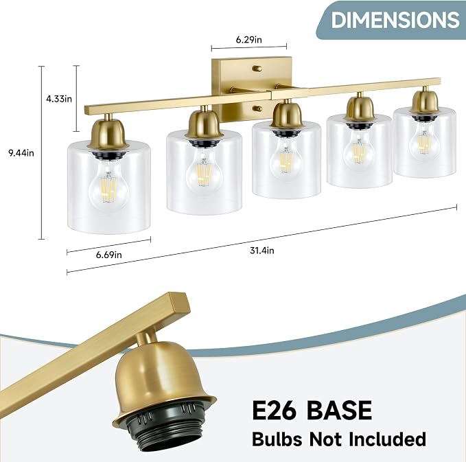 Modern Brushed Gold 5 Light Bathroom Vanity Light, 31 inch Vanity Lights - Image 2