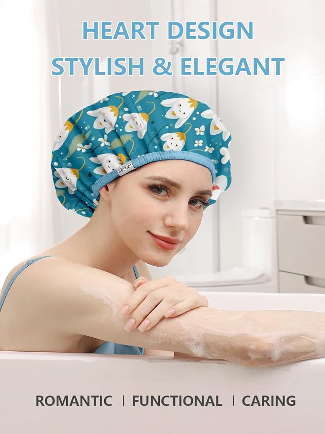 Years Calm Shower Caps For Women Reusable Waterproof，Pattern And Solid Color - Image 5