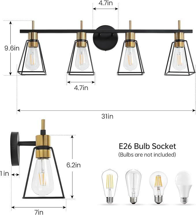 Industrial Bathroom Vanity Lights: 4 Light Black and Gold Vintage Metal Cage - Image 2
