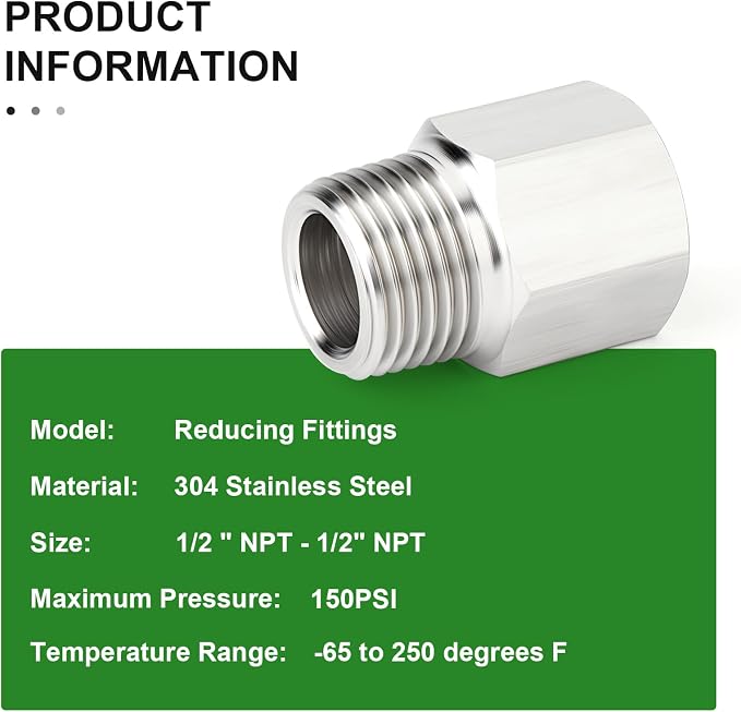 TAISHER 10PCS 304 Stainless Steel Pipe Fitting, 1/2" NPT Male x 1/2" NPT Female - Image 5
