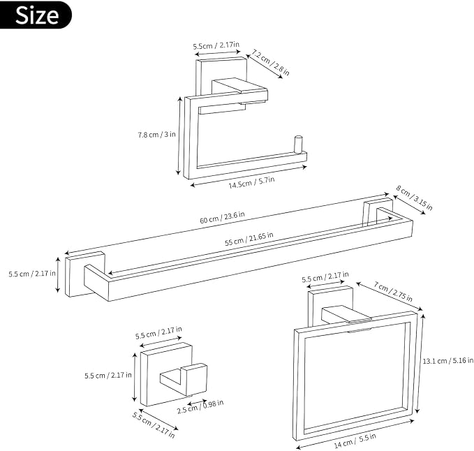 YACVCL 5 Pieces Bathroom Hardware Set, 23.6 inch Towel Bar Hand Towel Holder - Image 7