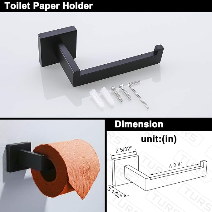 TURS Black Bathroom Towel Bar Set Square 5 Pieces Bathroom Hardware Set Matte - Image 4