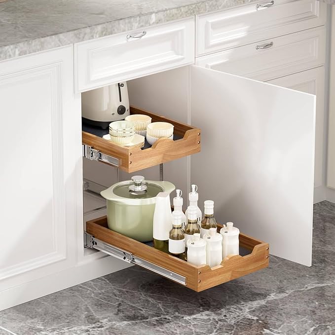OCG Pull Out Drawers For Cabinets 14"W x 21"D, 2 Tier Heavy-Duty Slide out Wood - Image 2