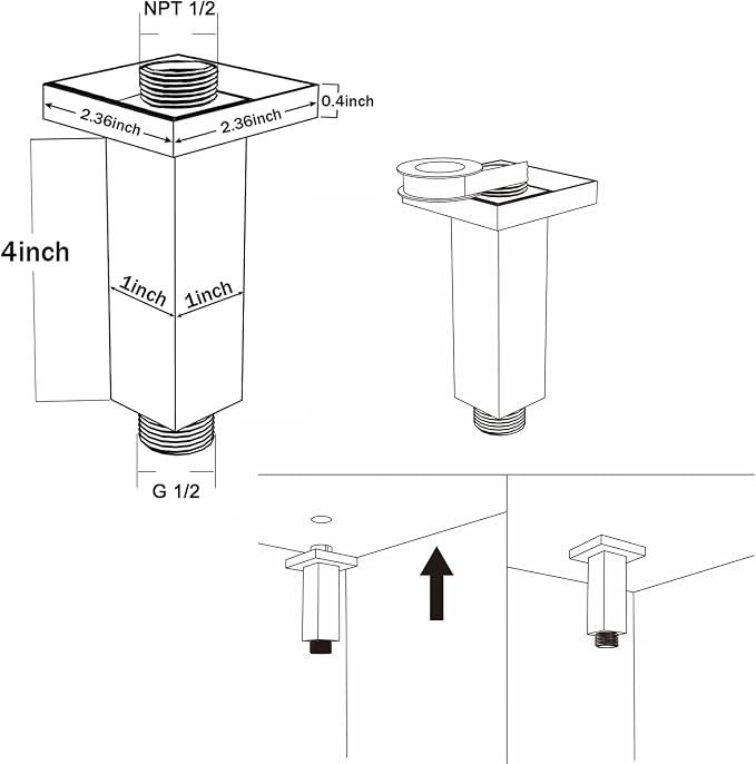 Chrome Shower Arm, 4 inch, Ceiling Mount Square Straight Shower Extension Arm - Image 5