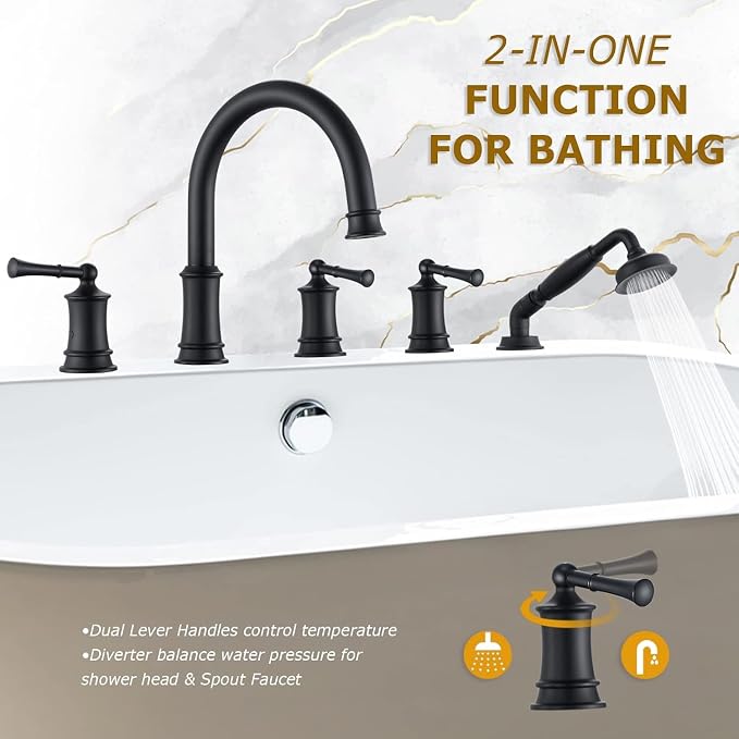 Matte Black Roman Bathtub Faucet Set 5 Hole Deck Mount, Classic Tub Filler - Image 2