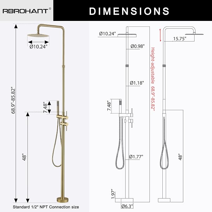 RBROHANT Freestanding Outdoor Shower Gold, Height Adjustable Stainless Steel - Image 6