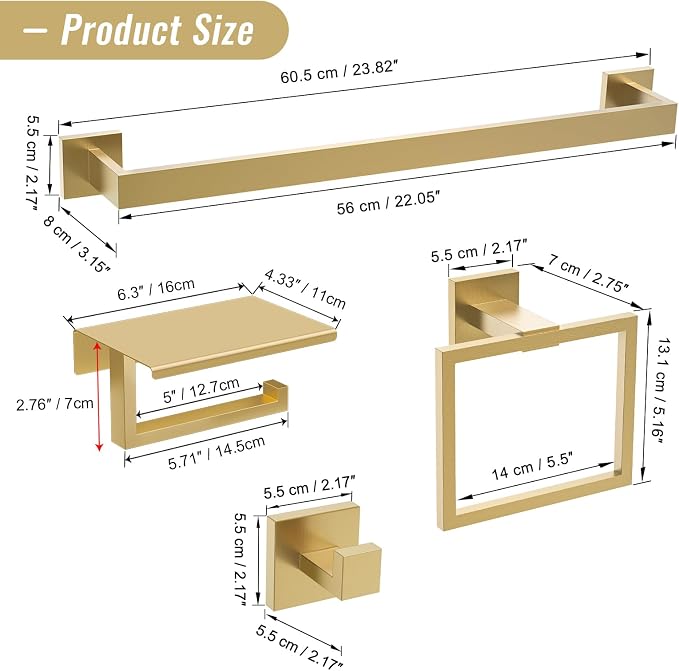 YACVCL Brushed Gold Bathroom Hardware Accessorie Set 23.6 Inch Towel Bar Set - Image 6