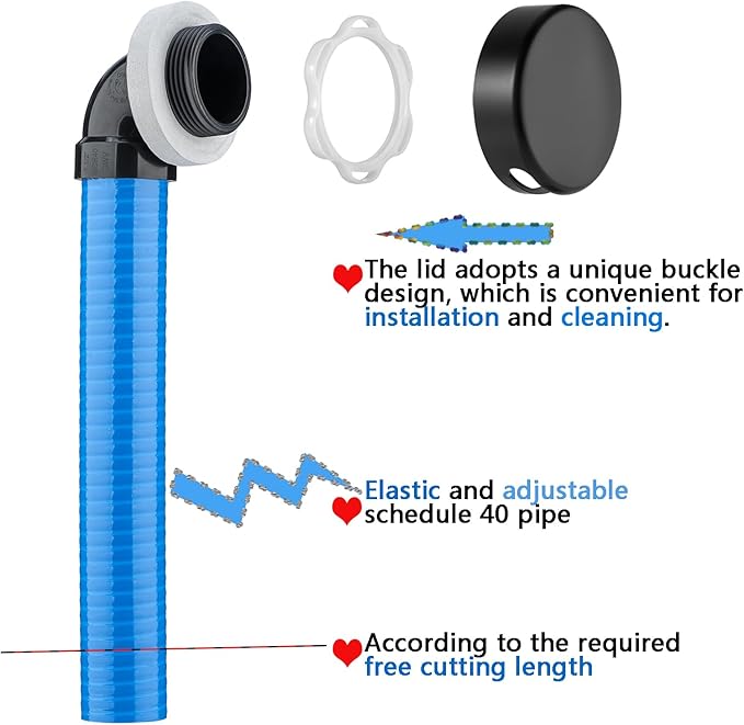 Yariwiz 1-1/2" Matte Black Bathtub Tub Drain Kit Blue Elastic Tube Bath Waste - Image 3