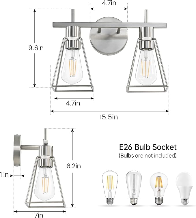 Industrial Bathroom Vanity Lights: 2 Light Silver Brushed Nickel Vintage Metal - Image 2