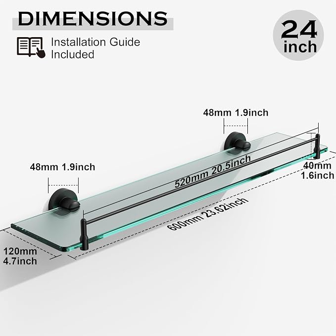 24 Inch Glass Bathroom Shelves, Matte Black Floating Shelves - Image 3