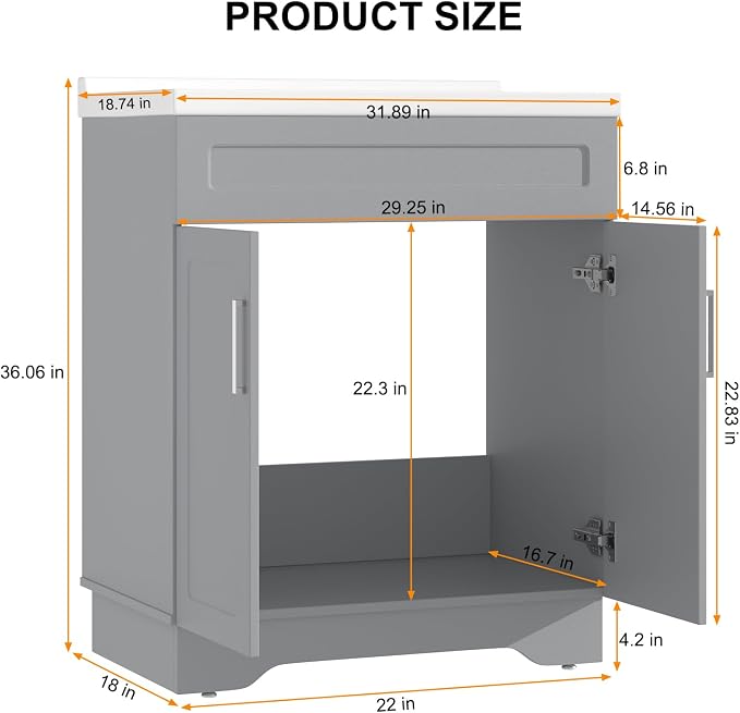 Bathroom Vanity with Ceramic Sink, Bathroom Vanity Cabinet with 2 Doors - Image 3
