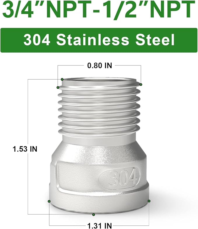 TAISHER 5PCS 304 Stainless Steel Pipe Fitting, 1/2" Male NPTx 3/4" Female NPT - Image 2